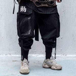 Japanese Streetwear Kanji Ribbon Black Cargo Jogger Pants Men H1223