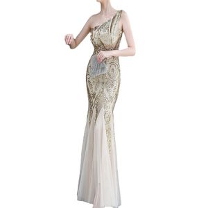 イブニングドレスOuro Vestidos de joite Sereia Um Ombro Barato joite Glitter Elegante Longo Festa Dourado Lantejouras VestidoフォーマルTule