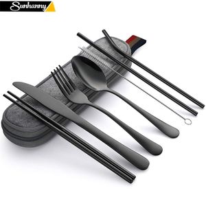 Dinnerware Set Travel Cutlery Set Camping Tableware Reusable Utensils Set with Spoon Fork Chopsticks Straw and Portable Case 201116
