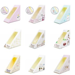 Disposable Sandwich Packaging Box Cartoon Printed Triangle Shape Sandwich Breakfast Paper Packaging Box with PET Window