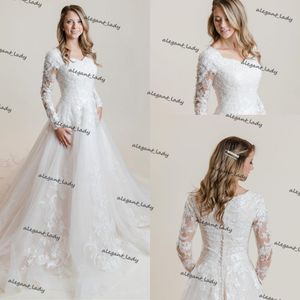 Koronkowe Tulle Modest Suknie Ślubne Z Długim Rękawami Sweetheart Deckline Przyciski Back Country Western Bridal Suknie Vestido de Fiesta