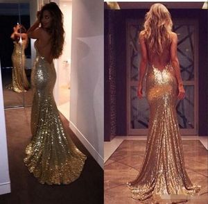 2020 Новых дешевых сшитого Sparkly Золотой Блестки Пром платье Милой Split Side Sexy Backless Русалка Вечерние платья Vestidos