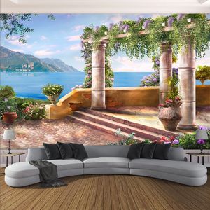 Ordinazione qualsiasi formato Colonna murale 3D Wallpaper romano Paesaggio Mare Fresco Ristorante Living Room Wall Background Papel De Parede 3 D