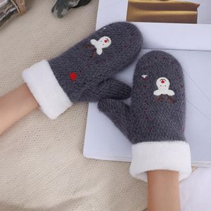 Luxury-Women's Winter Double Thicken Velvet Wool Knit Warm Gloves Cute Cartoon Elk Embroidered Cashmere Cycling Driving Mittens L20