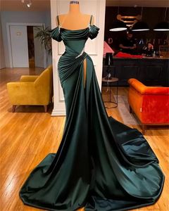 Sexy escuro verde cetim sereia vestidos de baile de calça 2022 cintas de espaguete pregas sepular treinar formal noite ocasião pageant vestidos robe de soirée femme wht0228