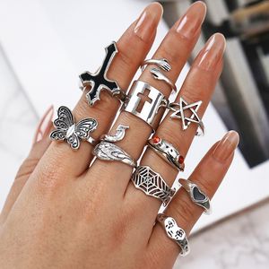 S2756 Gioielli di moda Knuckle Ring Set Retro Esagerato Croce Rana Pavone Farfalla Cry Face Cuore enorme Anelli impilabili Anelli Midi Set 10 pezzi / set