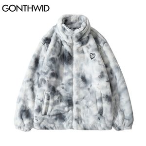 Hip Hop Winter Faux Furoece Jacket Streetwear Mężczyźni Harajuku Tie Dye Heart Fuzzy Kurtki Ciepłe Płaszcze Casual Zipper Płaszcze 211216