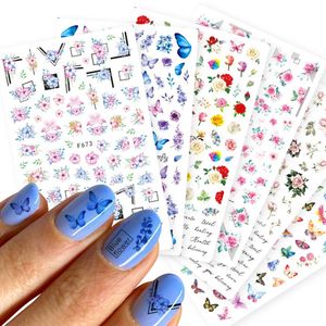 Ny design 3D Butterfly Sliders Nail Stickers Färgglada blommor Röda Rose Lim Manikyr Dekaler Nail Foils Tatuering Dekorationer