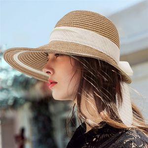 Gemvie Nowy słomkowy kapelusz dla kobiet tkany papier szeroki rdzeń słoneczny lady modna wstążka Bow Bow Hat Summer Outdoor Sun Shade Hats Y200602