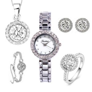 Мода Trend Women Watch Set 5 ШТ. / Набор Ожерелье Браслет Кольцо Серьги Женские Кристаллические Алмазные Кварцевые Наборы Наборы с коробкой