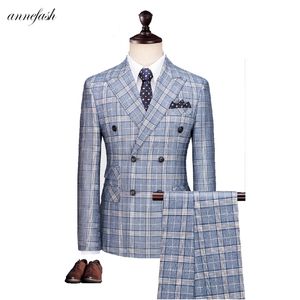 Açık Mavi Ofiskek Düz Erkekler Suit Custom Made Retro Erkekler Düğün Blazer Suit 3 adet (Ceket + Pantolon + Yelek) 201106