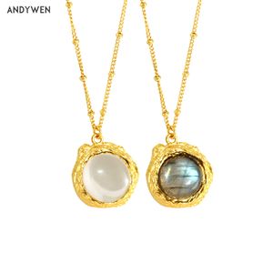ANDYWEN New 925 Sterling Silver Gold Big Labradorite Pendant Round Clear Pendant Long Chain Necklace 2020 Rock Punk Party Jewels Q0531