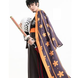 Einteiliges Wano Country Trafalgar Law Cosplay Outfit Kimono langer Mantel, Robe, Gürtel, Hut