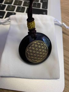 Pendant Necklaces 40mm High Quality Natural Stone Obsidian Or Tiger's Eye Flower Of Life With Cord Necklace1