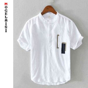 New white shirt men short sleeve 100% linen shirts tops fashion Stitching summer Breathable solid shirt man chemise homme 567 G0105