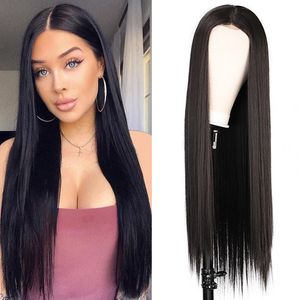 24inches Natural Preto Longo Silky Straight Full Wigs Human Cabelo Resistente ao Calor Levanta Sintética Perucas Frontais de Renda Sintética para Moda Mulheres Negras