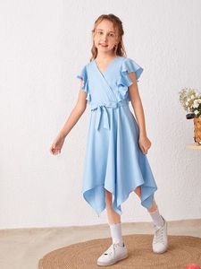 Girls Asymmetric Hem Flounce Sleeve Dress SHE