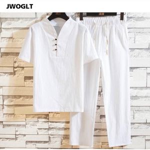 (Koszula + spodnie) 2020 Summer Fashion Men biała bawełniana pościel z krótkim rękawem koszule męskie dresy zestaw 2 sztuki odzież codzienna