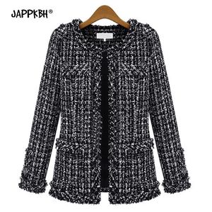 Autumn Winter Coat Women 2020 Plus Size Elegant Long Sleeve Plaid Jackets Female Vintage Oversize Tassel Tweed Wool Blends Black