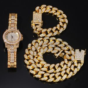 Hip Hop Bling Chain Cuban Link Gold Silver Watch & Necklace & Bracelet Set Jewelry Mens Iced Out Diamond Miami