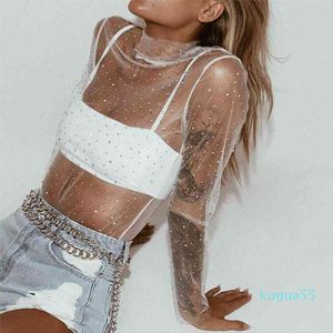 Sexy Women Ladies See Through Mesh Sheer Blouse Long Sleeve Mesh Night Club Wear Tops Transparent Shirt Tee