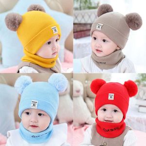 Baby hat scarf autumn and winter Korean style children's knitted wool hood bear