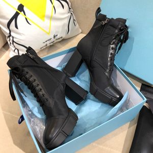 Kış Boots Lady Ayakkabı tıknaz topuk çizme Kadın 9.5cm yüksek topuk Lace Up Yuvarlak Burun Çizme-kadınları 2020 Sonbahar hakiki deri yarım bot vites