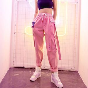Pantaloni cargo da donna Hip Hop Harajuku Pantaloni coreani a vita alta Pantaloni rosa con nastro Pantaloni larghi femminili Pantaloni sportivi Tasche 201228