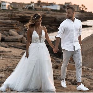 Sexy Halter Backless A Line Wedding Dresses 2021 Ivory Tulle Puffy Country Boho Beach Wedding Dress Bridal Gowns Appliques Lace Vestidos