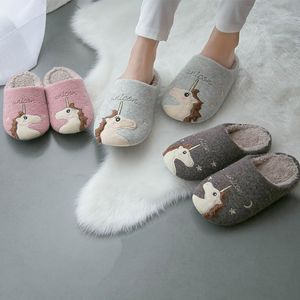 Vinter Kvinnor Tofflor Söt Animal Unicorn Fur Inomhus Hem Sko Kvinna Flicka Slides Nonslip Memory Foam Cotton House Tofflor X1020