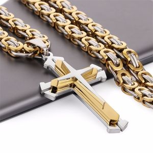 Stainless Steel Pendant Necklace 3 Layer Knight Cross Gold Silver Color Strong Byzantine Chain Mens Fashion Jewelry Fathers Gift Y200730