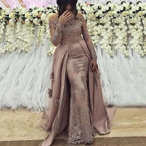 Arabic Long Sleeves Evening Dresses 2020 Off Shoulder Sweep Train Zipper Lace Beaded Elegant Plus Size Event Formal Party Gowns LJ201123