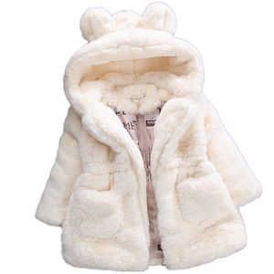 겨울 여자 가짜 모피 코트 2020 뉴 플리스 따뜻한 미인 파티 따뜻한 재킷 Snowsuit 2-7yrs 아기 후드 겉옷 키즈 옷 LJ201017