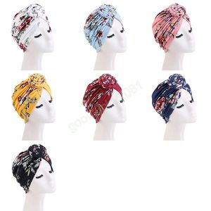 Floral flätad knut Turban hatt Headwrap Doughunt med elastiska mössa Kvinnor Indiska Headscarf Chemo Cap Hårtillbehör