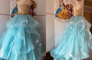 Moda Butterfly Aqua Girls Pageant Dresses Jewel Neck Suknia Balowa Ruffles Złoty Koronki Tulle Dzieci Niemowlęta Pierwsza Komunia Dress
