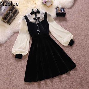 Neploe Vintage Samt Schwarz Kleid Stehen Hals Laterne Hülse Party Robe Hohe Taille Schlank Vestidos Koreanische Elegante Kleider Frauen 220112