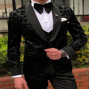 Black Printed Men Suits 3 Pieces Appliqued Custom Made Wedding Suits Lapel High Quality Fashion Formal Business Coat+Pant+Vest