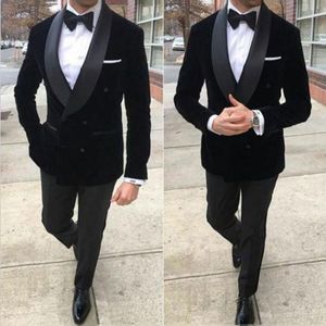 Abiti da uomo Blazer Black Velvet Prom Men For Wedding Scialle Risvolto Plus Size Smoking da sposo 2Piece Giacca da smoking Slim Fit Terno Masculino1