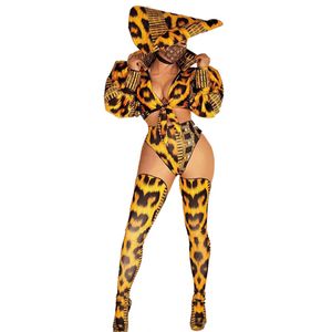 Club Party Nightclub Singer Dance Costume Sexy Stage Wear Leopard Print Bubble Sleeve Tops Shorts Hat Performance Outfit Jazz Team Show Clothes