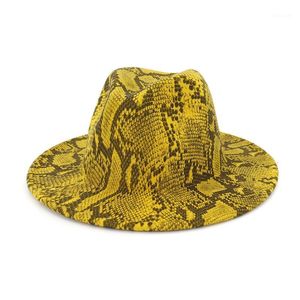 Stekende rand hoeden wzcx mode slangenhuid patroon vrouwen jazz hoed herfst winter casual tij brede elegante vilt volwassen cap1