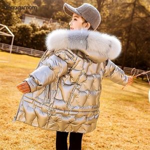 Children Winter Coat Boys Jacket With Big Fur Hooded Duck Down Long Style Fashion Shiny Snowsuit Kids Teen Girls Boys Outerwear LJ201017