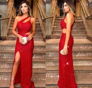 New Arrival Cheap Simple Sexy Red Sequined Evening Dresses One Shoulder High Side Split Floor Length Formal Dress Party Wear Prom Gowns