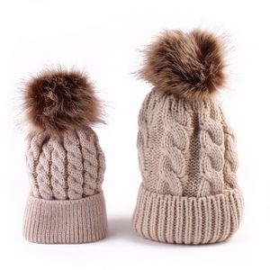 fashion parent-child pom pom beanie 9 colors winter warm imitation raccoon fur knitted caps outdoor keep warmer beanies hat m093