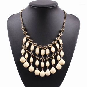 Kedjor Mode Kvinnor Bib uttalande halsband Tre rad av färgglada harts med guldfärg kedja pärla pendant långa smycken1