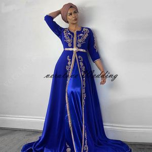 로얄 블루 Abaya 두바이 이브닝 드레스 아플리케 레이스 모로코 Kaftan Long Prom 가운 이슬람 파티 드레스