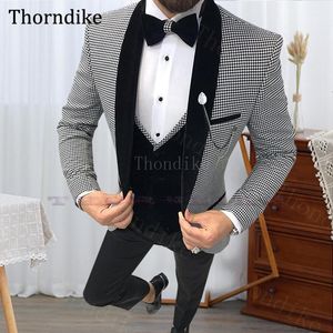 Thorndike Custom Made Houndstooth Wedding Suit for Men Black Shawl Lapel Formal Set Zestaw Autumn Elegancki Casual Groom Tuxedos1297r