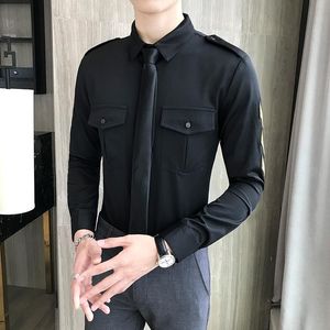 Heren Casual Shirts Wear Armband Mannen Lange Mouwen Werkhemd Mens Solid Korean Camisa Masculina Slim Fit Mannelijke Kleding Stropdas