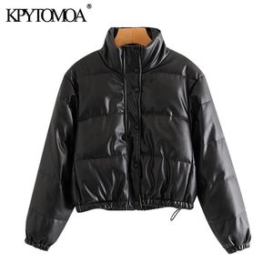 KPYTOMOA 여성 패션 가짜 가죽 패딩 재킷 두꺼운 따뜻한 파카 코트 빈티지 긴 소매 여성 겉옷 세련된 톱 201028
