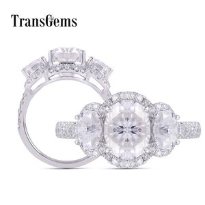 TransGems 10K White Gold Three Stone 3ct 8*10mm Oval Cut GH Color Moissanite Engagement Ring For Women Anniversary Gifts Y200620