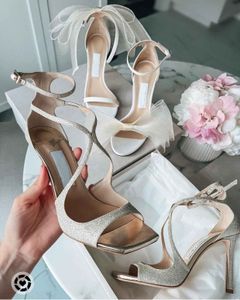 Wedding Shoes -- Aveline Bow-embellished Sandals Shoes Azia Strappy Women High Heels Exquisite Evening Lady Summer Pumps With Box.EU35-43